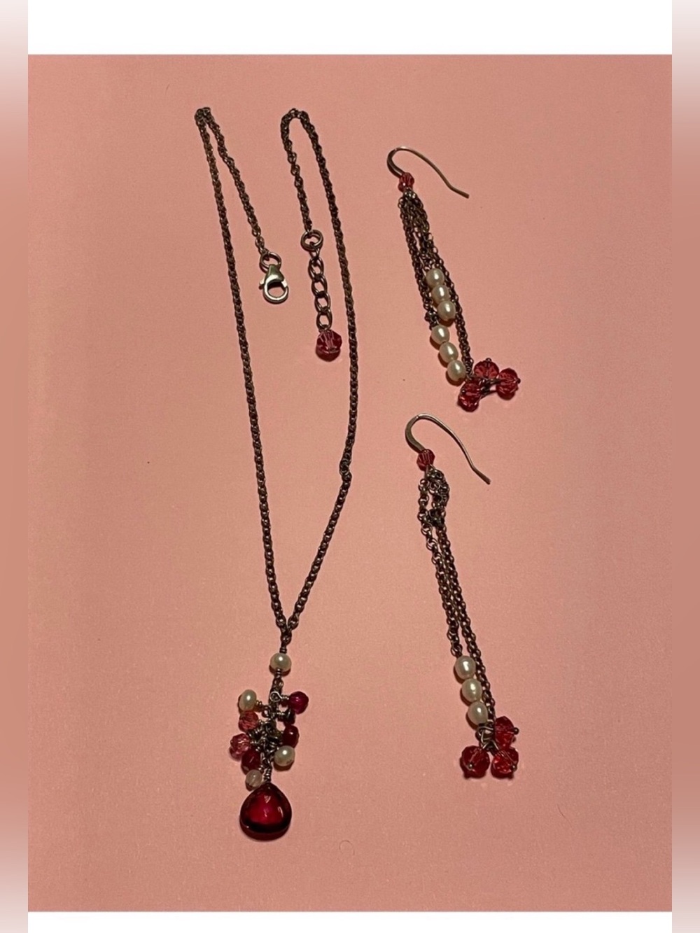Sterling Silver Pink Crystal Genuine Pearl Jewelry Set #6618